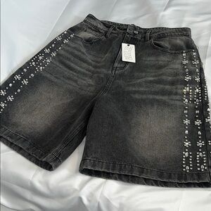 Stylish Black Embellished Jean Jorts
